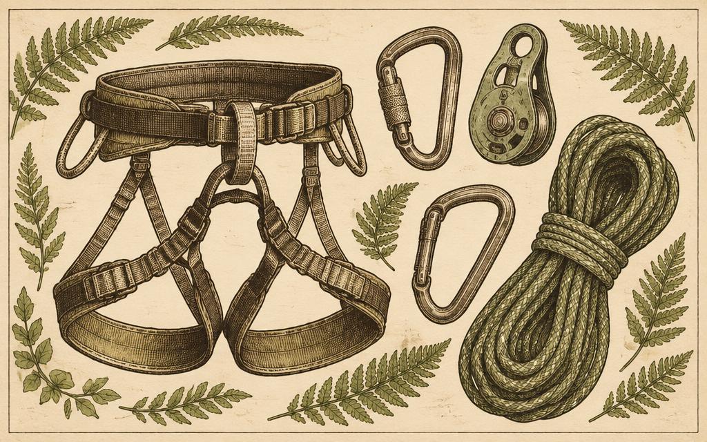 Lámina de arnés, mosquetones, polea y cuerda